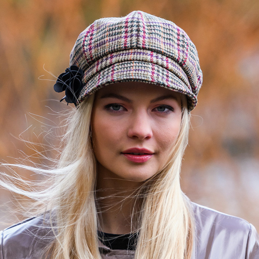 Ladies Tweed Newsboy Hat - Cream Red & Beige, Mucros Newsboy 391