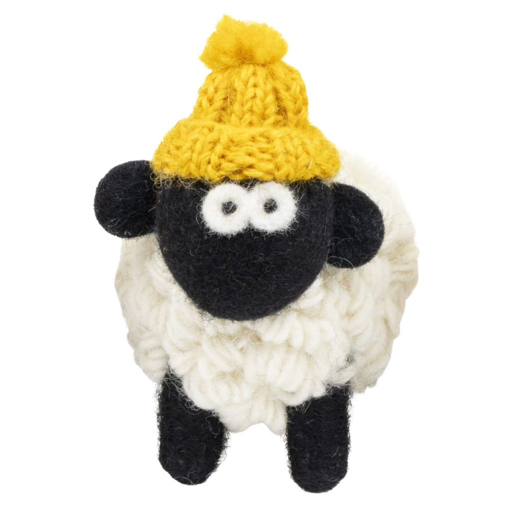 Small Knitted Sheep Keyring with Yellow Bobble Hat