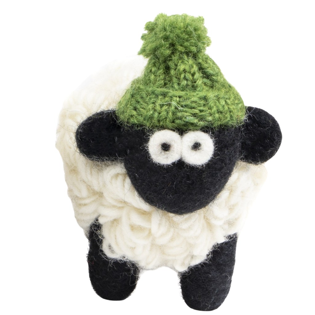 Small Knitted Sheep Keyring with Green Bobble Hat