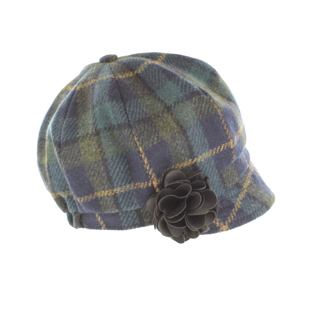 Ladies Tweed Newsboy Hat - Green/ Mustard Check