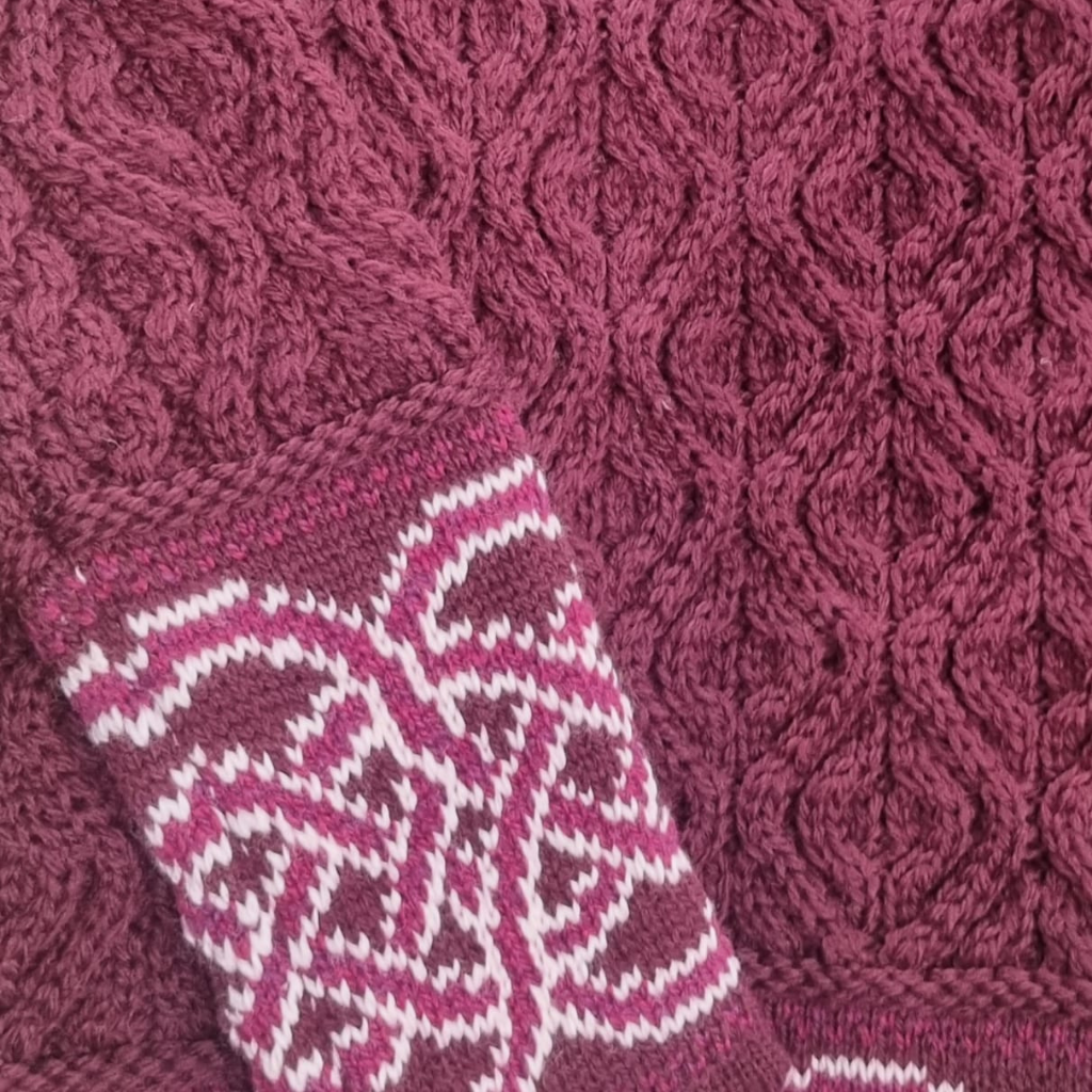 Close up of Wine Cowl Neck Jacquard Irish Sweater with Celtic collar detail