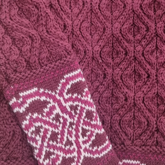 Close up of Wine Cowl Neck Jacquard Irish Sweater with Celtic collar detail