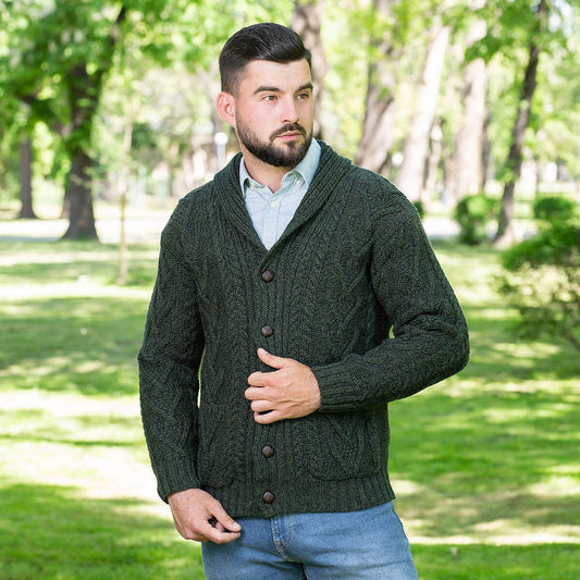 Mens Aran Cable Shawl-Collar Cardigan