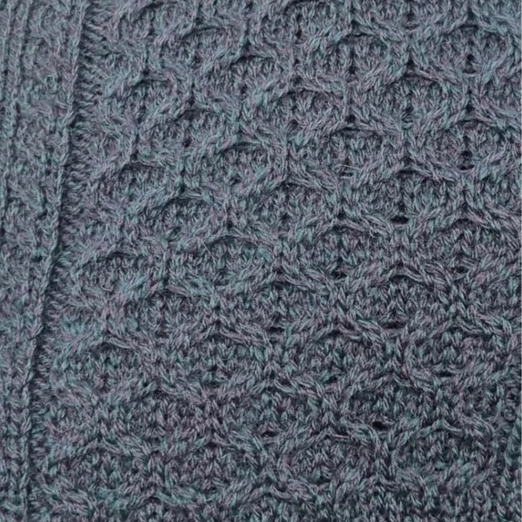 Close-up of Blackwatch Aran sweater showing honeycomb stitch and cable knit detail
