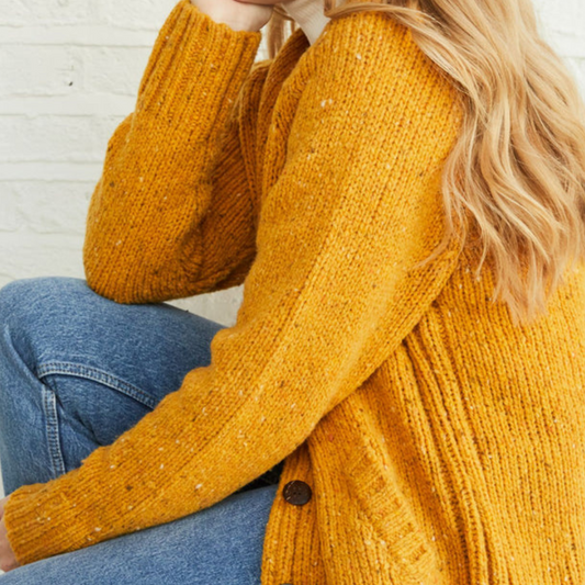 Mustard Donegal Tweed wool cardigan with buttons and pockets