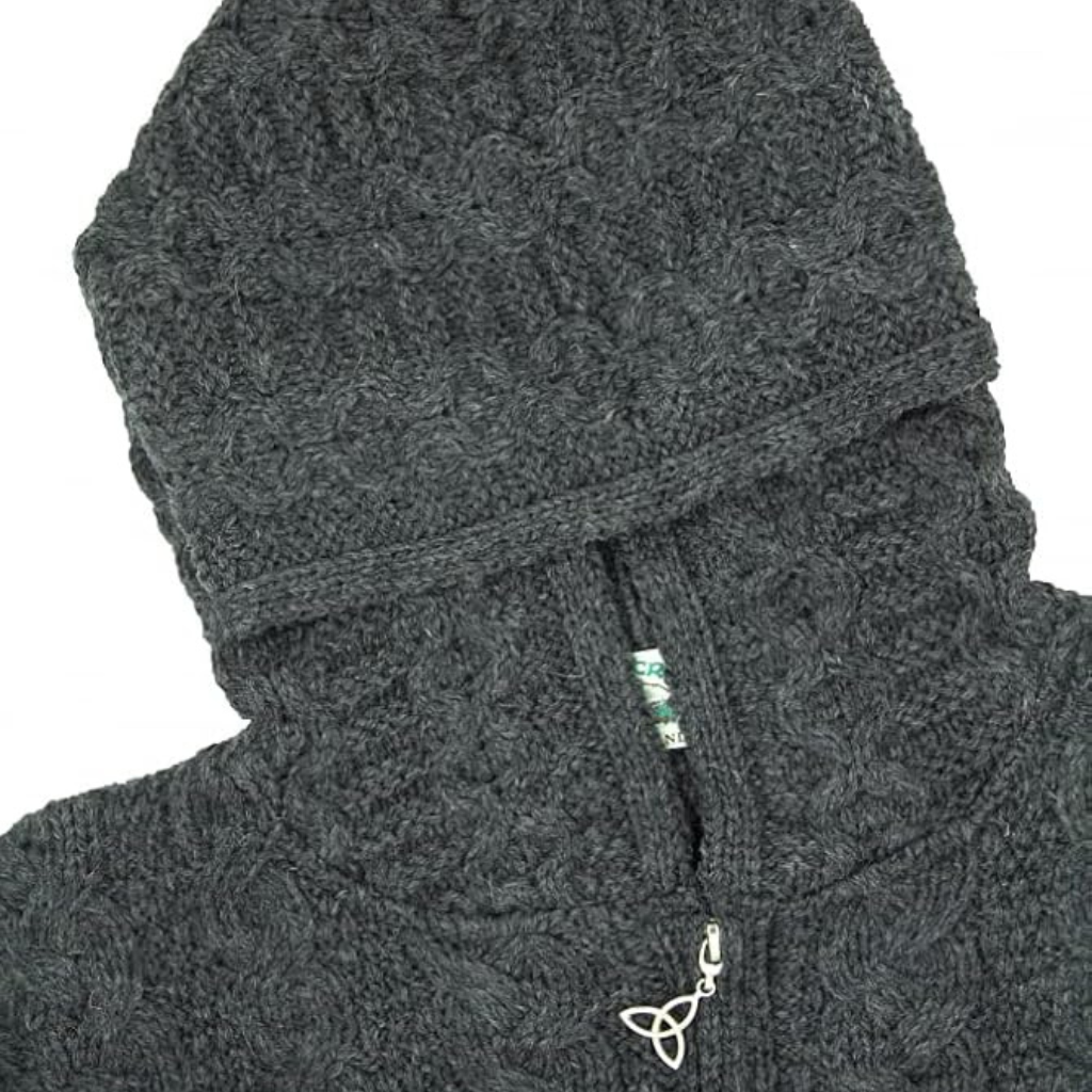 Celtic Cable Aran Hoodie Charcoal Hood Detail - The Donegal Shop