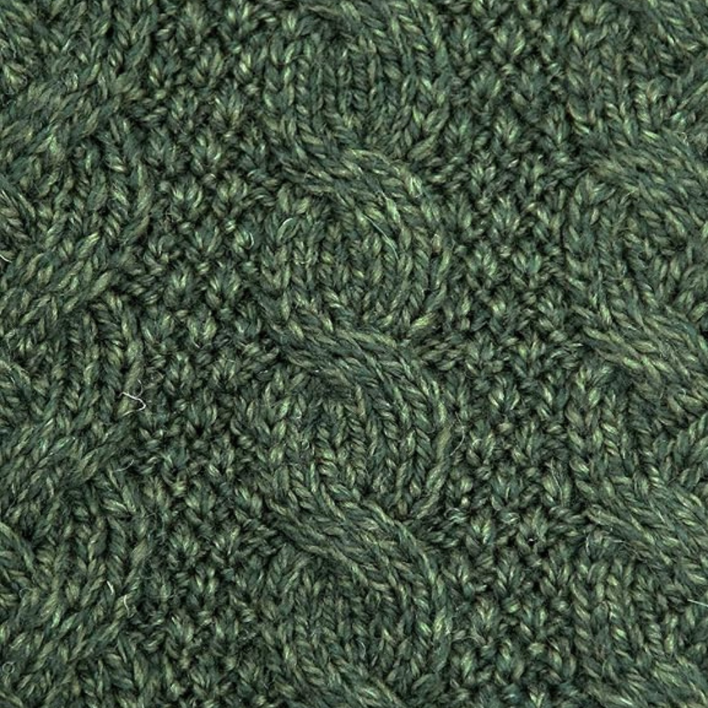 Irish Aran Hooded Coatigan in Green – Close up of knit
