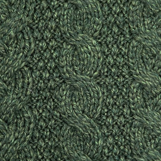 Irish Aran Hooded Coatigan in Green – Close up of knit