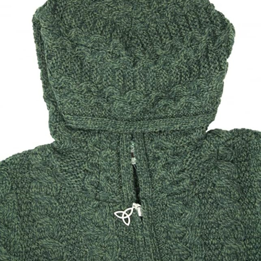 Irish Aran Hooded Coatigan in Green – Hood detail