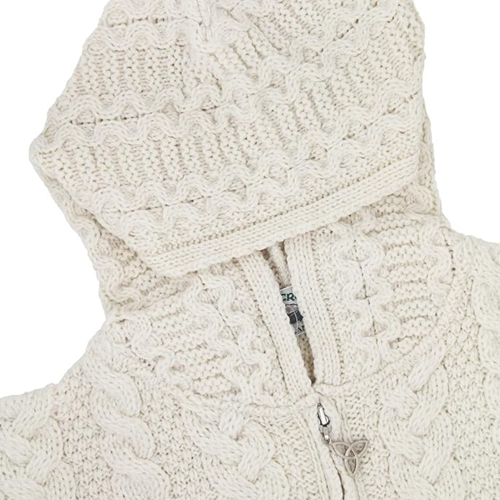 Celtic Cable Aran Hoodie Natural Hood Detail - The Donegal Shop