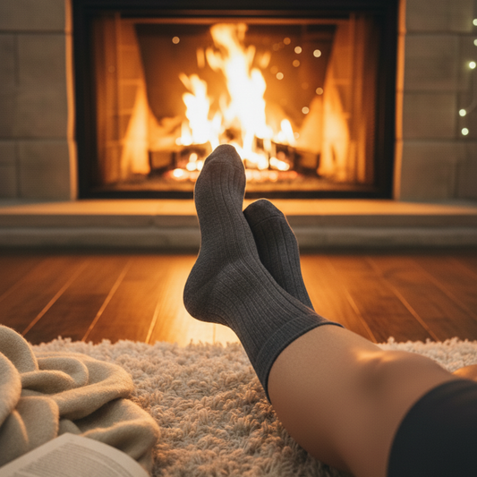 Charcoal Merino Wool Socks worn by the fire for warmth and comfort