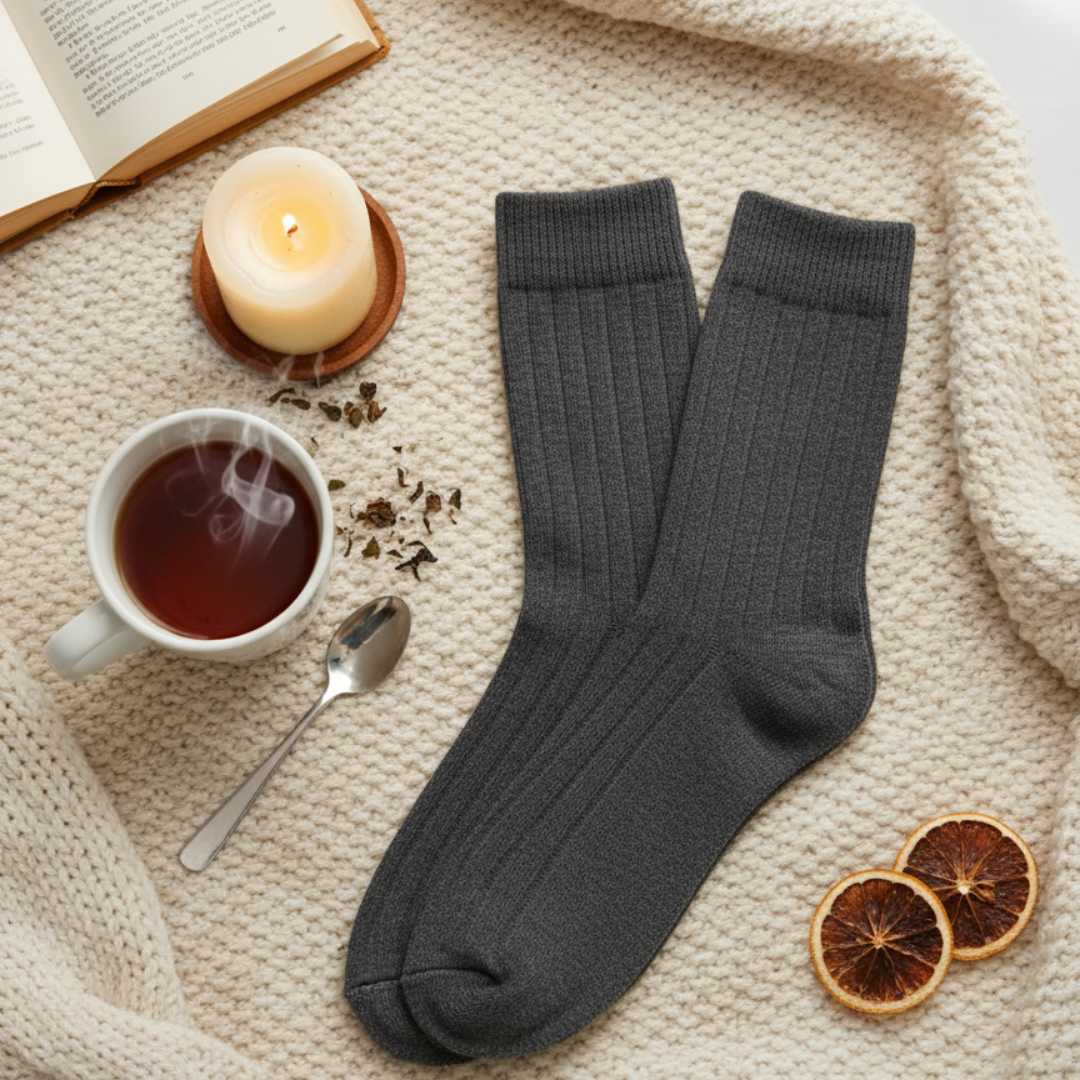 Charcoal Merino Wool Socks styled with tea, candle, and book on cozy blanket