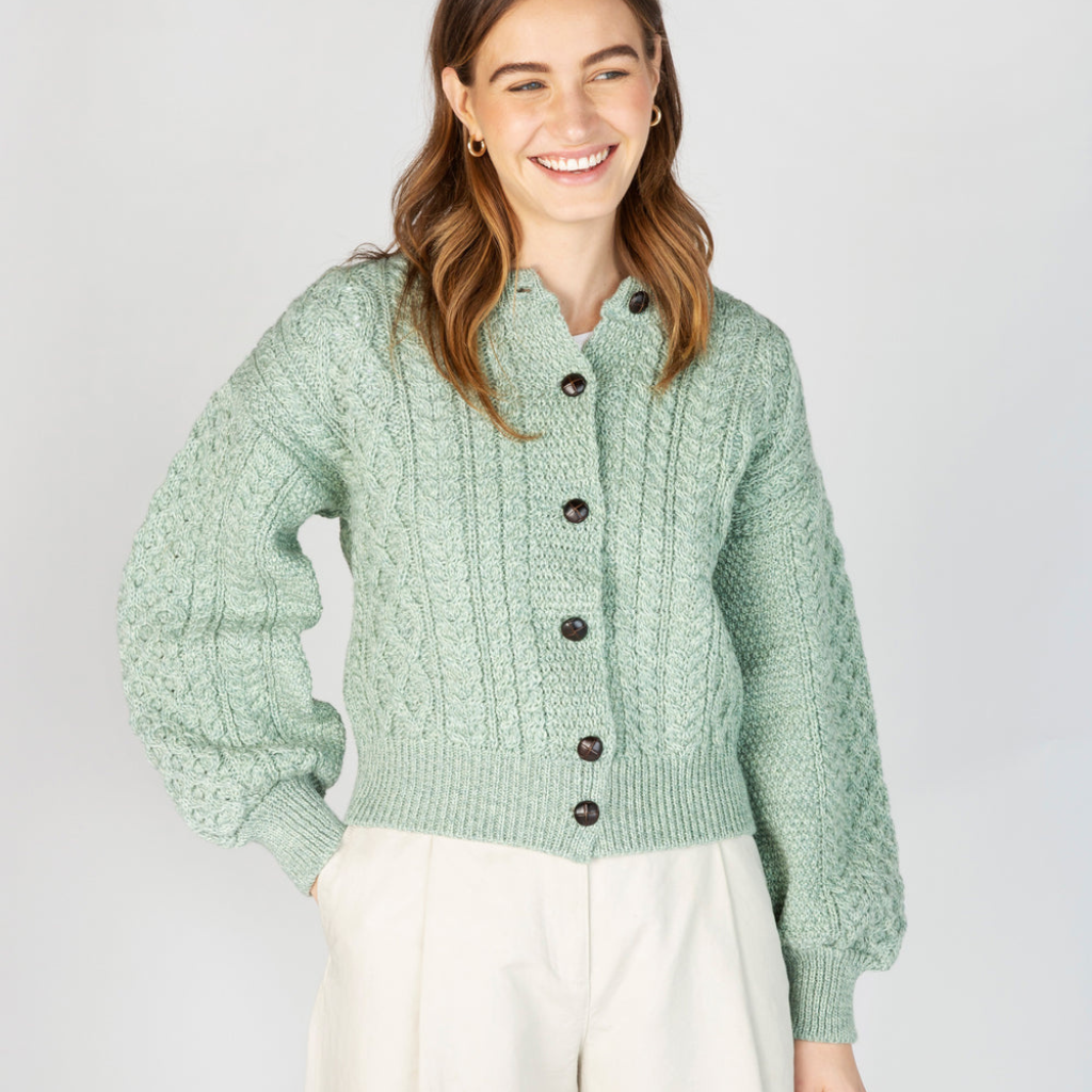 Clover Cropped Aran Cardigan in Sage Marl green – 100% Merino wool