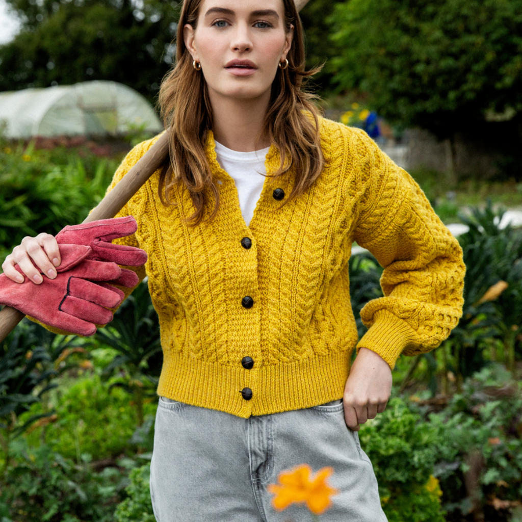 Clover Cropped Aran Cardigan – Sunflower 100% Merino Wool Knit