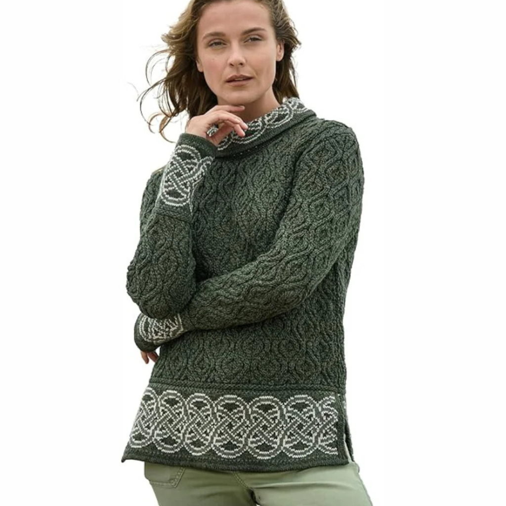 Dark Green Cowl Neck Jacquard Irish Sweater with Celtic Jacquard detail