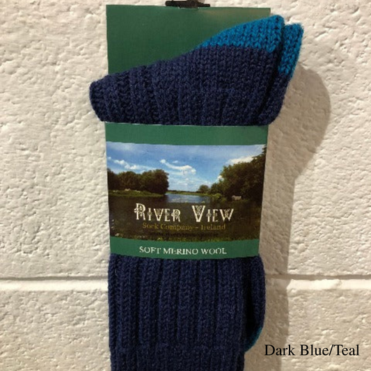 Packaged Dark Blue & Teal Merino Wool Socks with River View label, handcrafted in Ireland