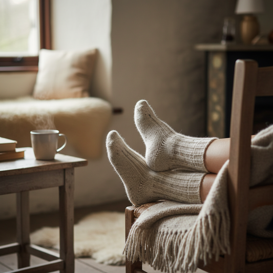 Lifestyle image of Aran Nep wool socks worn indoors, showcasing the natural flecked texture