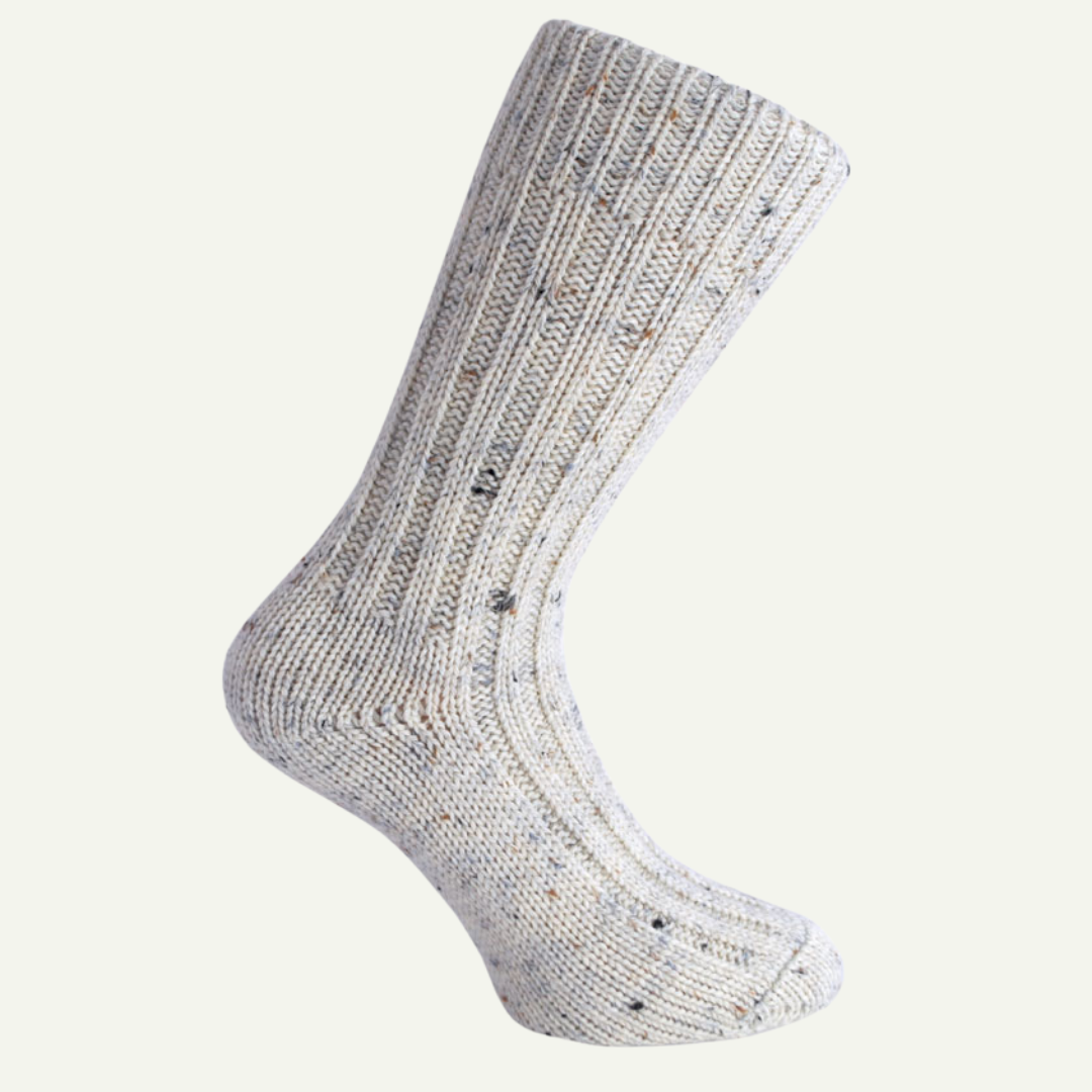 A single Aran Nep Donegal wool sock in natural cream with flecks, made in Ireland from 100% pure new wool.