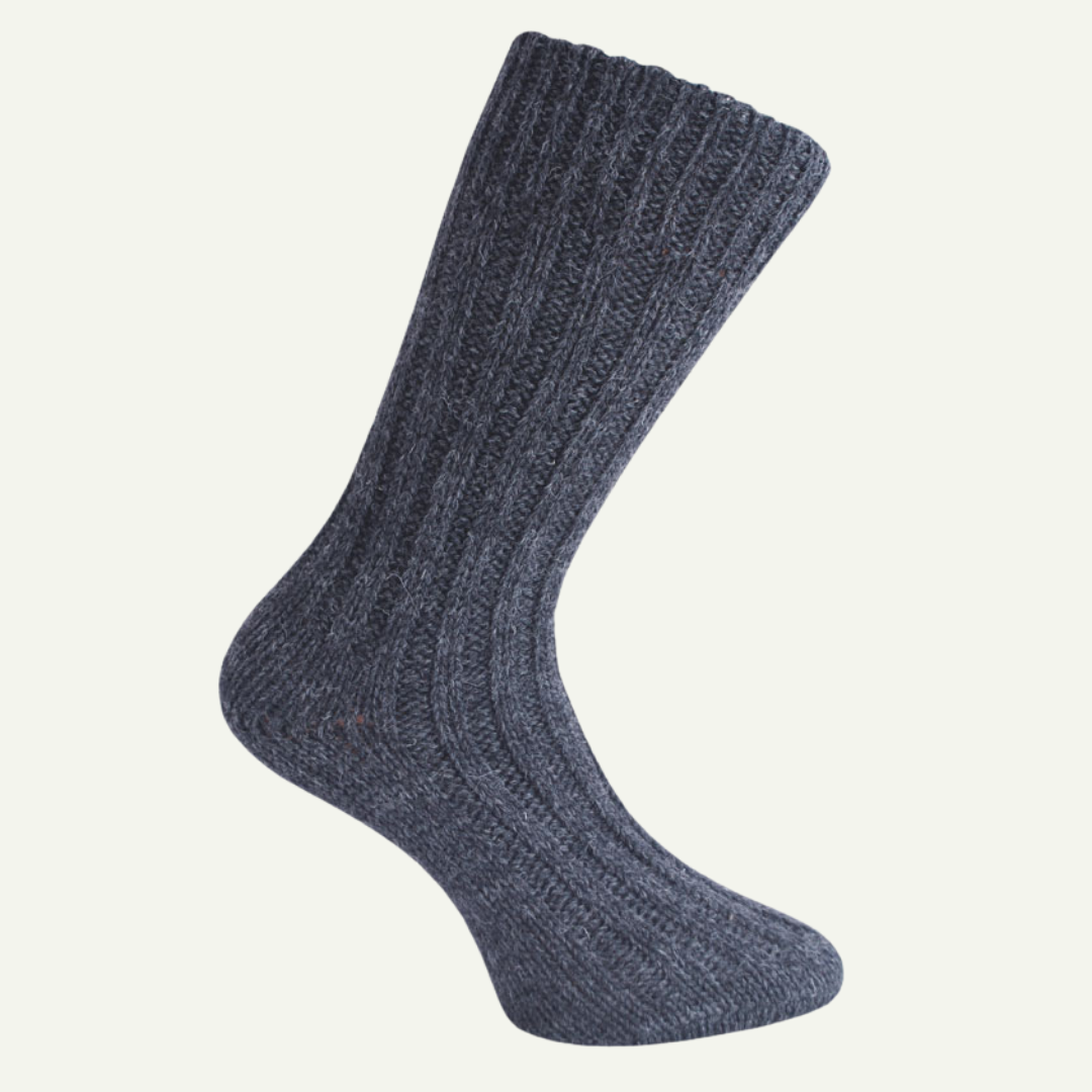 A single Donegal wool sock in charcoal grey with subtle Donegal flecks, made in Ireland from 100% pure new wool.