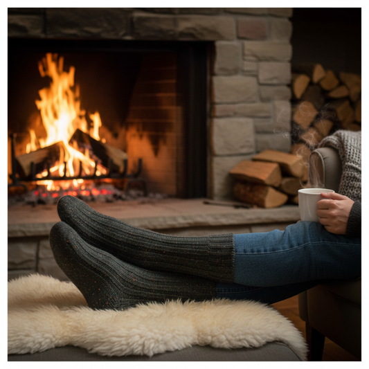 Dark green Donegal wool socks worn by a fireplace on a cozy wool rug.