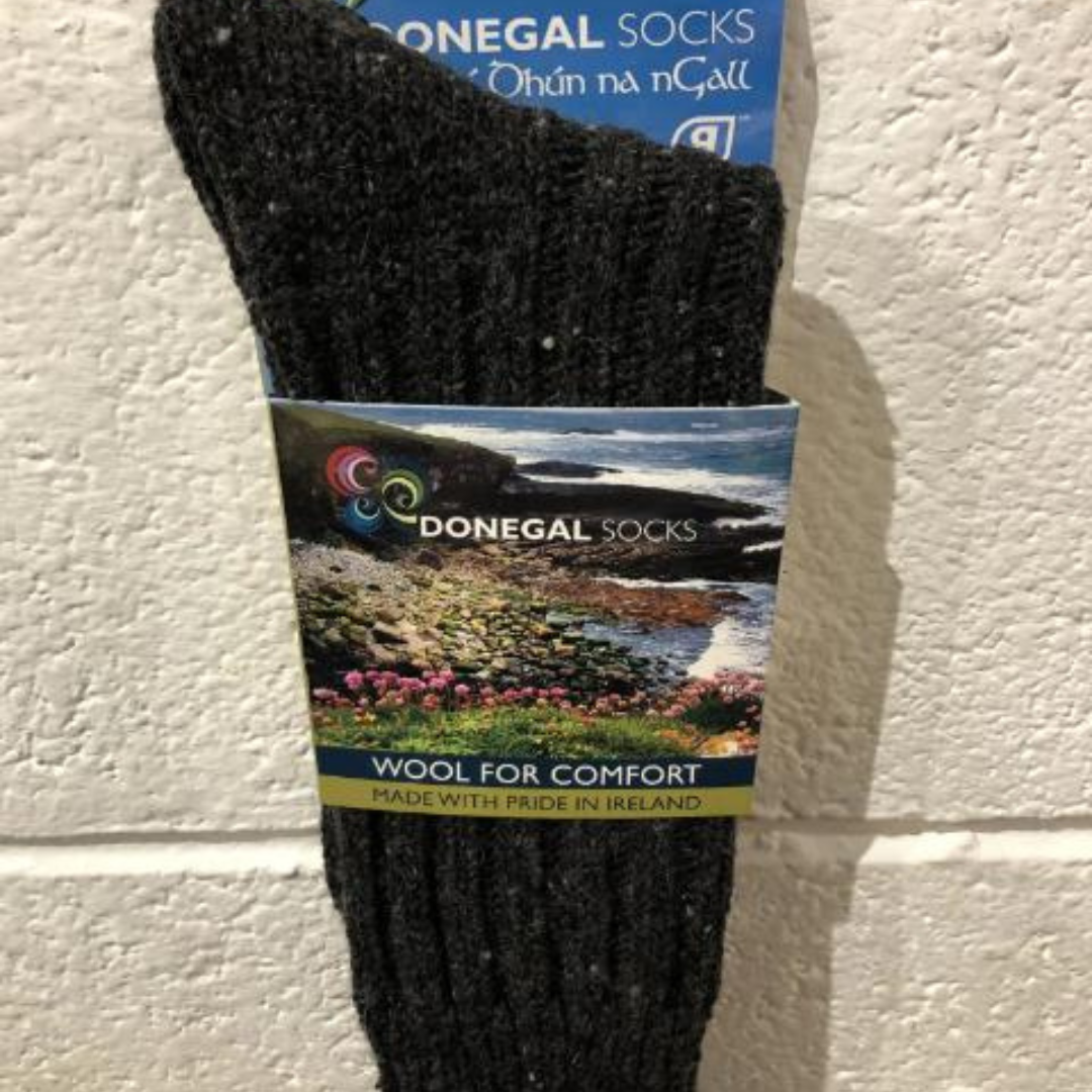 Donegal Socks dark green wool socks in original packaging, made in Ireland