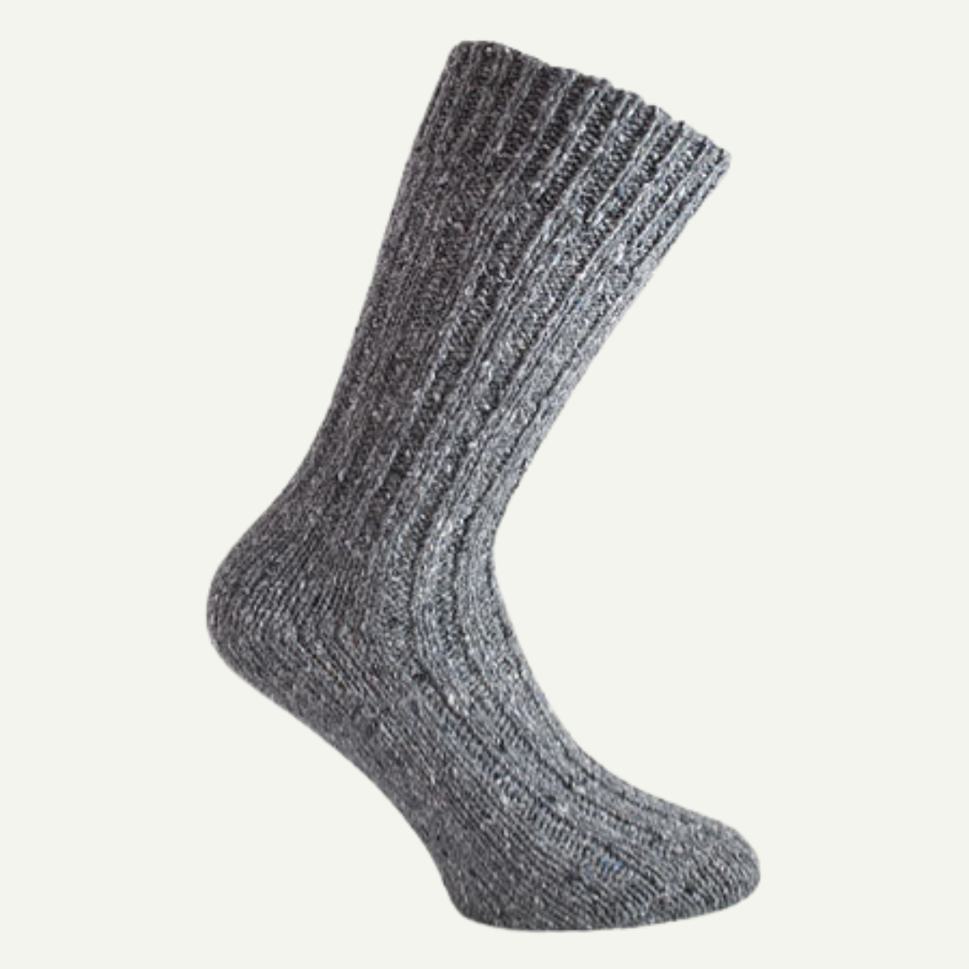 Grey Donegal wool socks with flecked texture on a clean off-white background