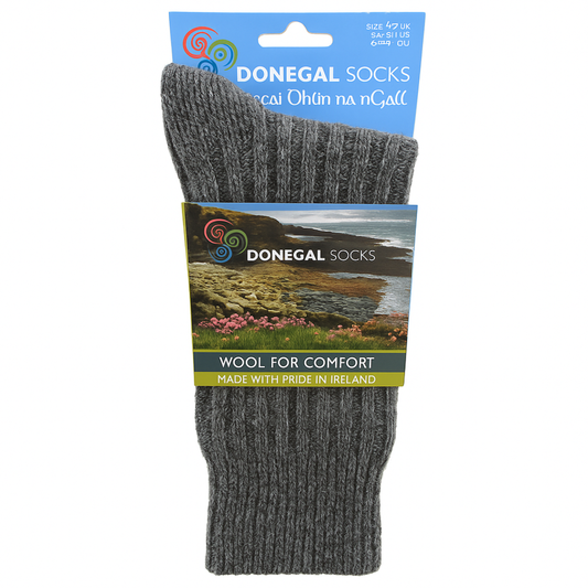 Donegal Socks grey wool socks in original packaging, made in Glenties, Ireland