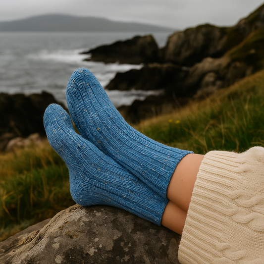 Light blue Donegal wool socks worn outdoors on a rocky Donegal coastline