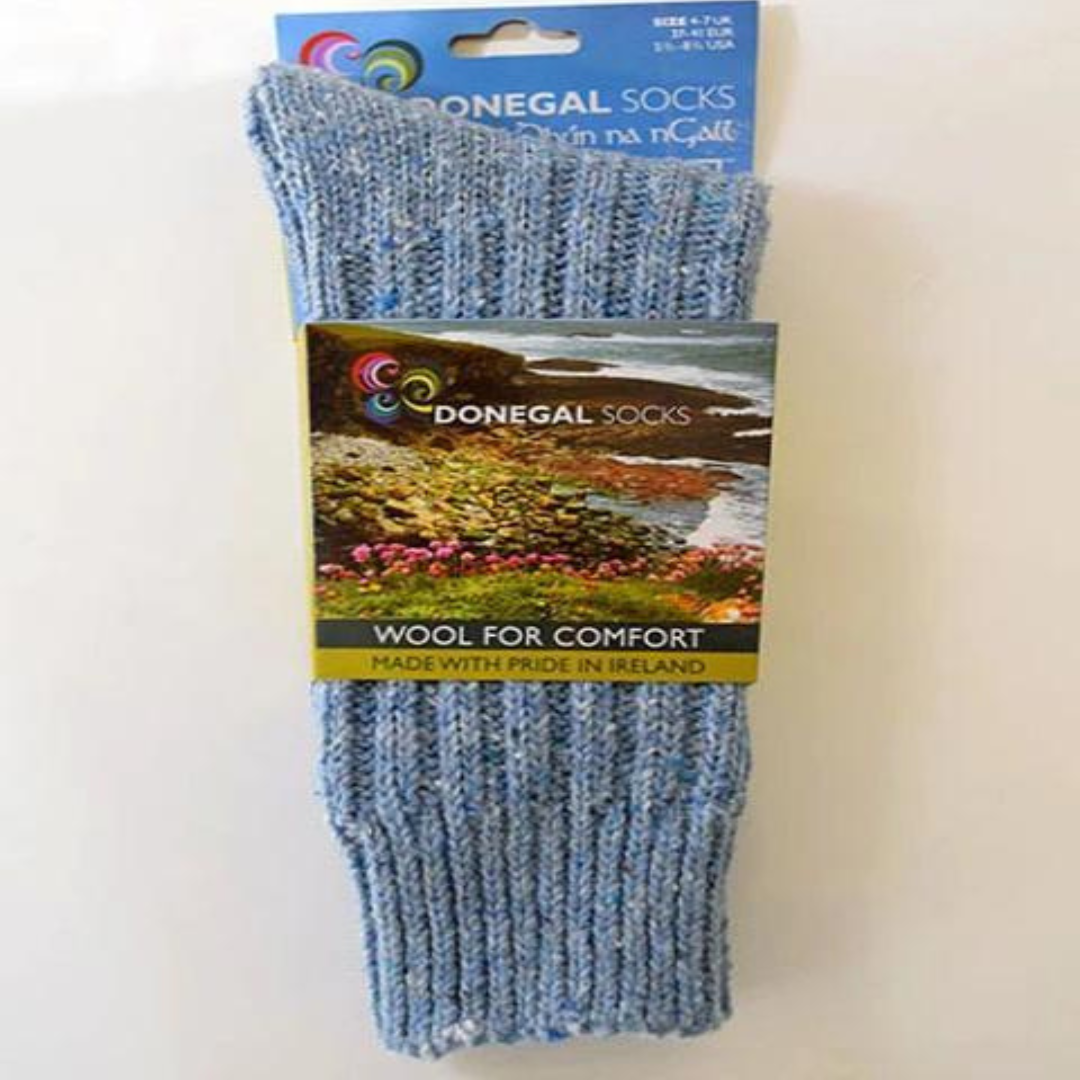 Donegal Socks light blue fleck wool socks in original packaging, made in Ireland