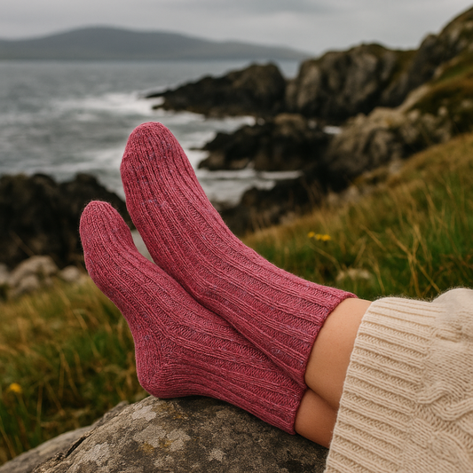 Pink Donegal wool socks worn outdoors on a rocky Donegal coastline.