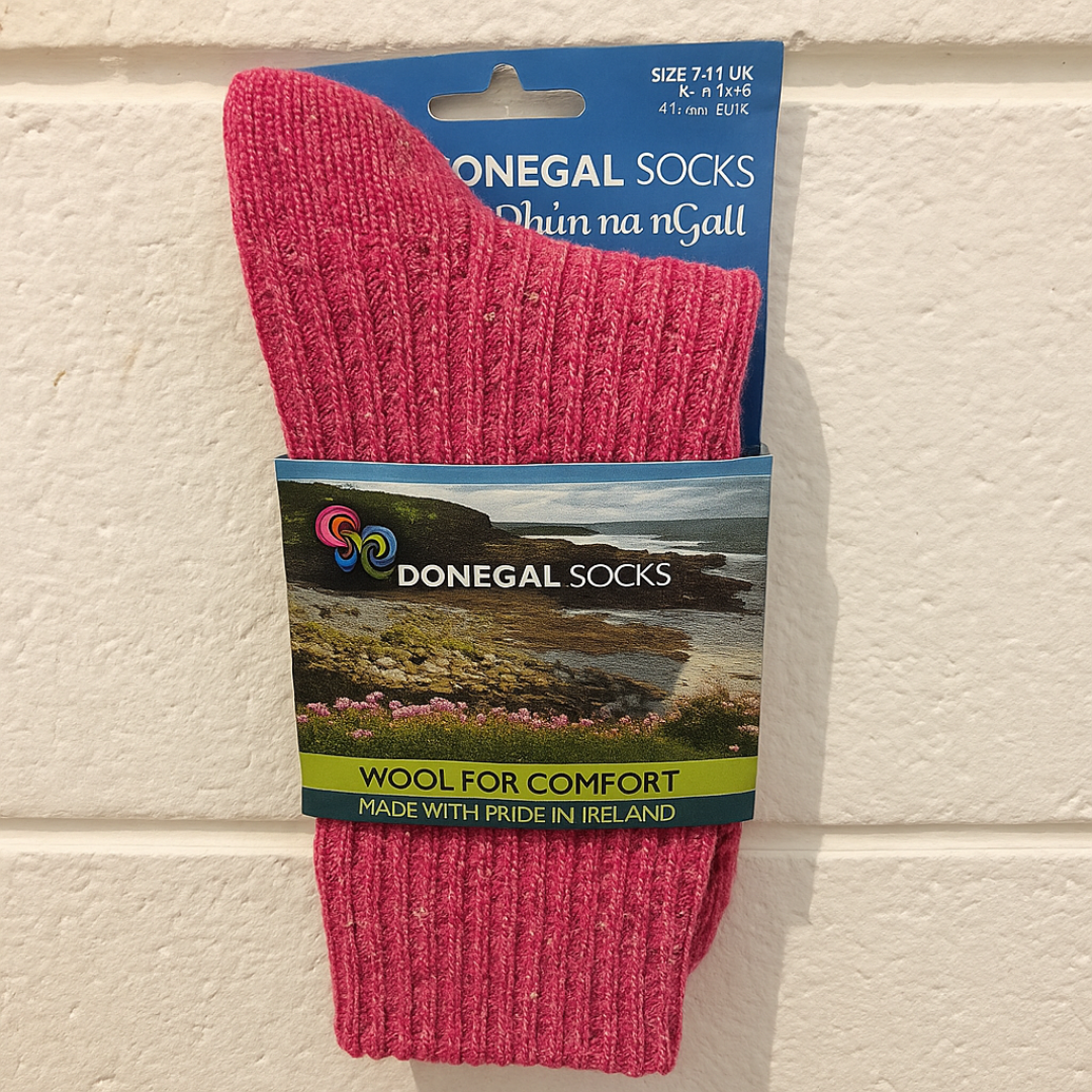 Donegal Socks pink fleck wool socks in original packaging, made in Ireland.