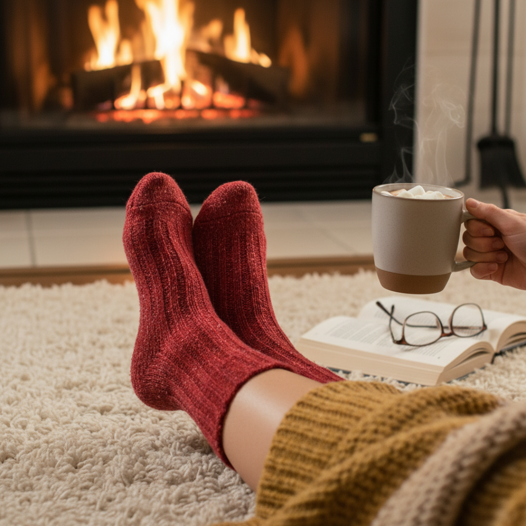 Red Donegal wool socks worn outdoors on a moody Donegal coastline with grassy rocks