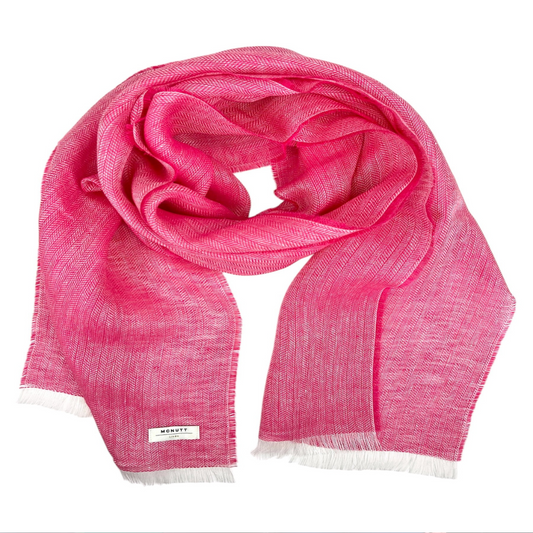 Front view of McNutt fuschia herringbone Irish linen scarf from The Donegal Shop