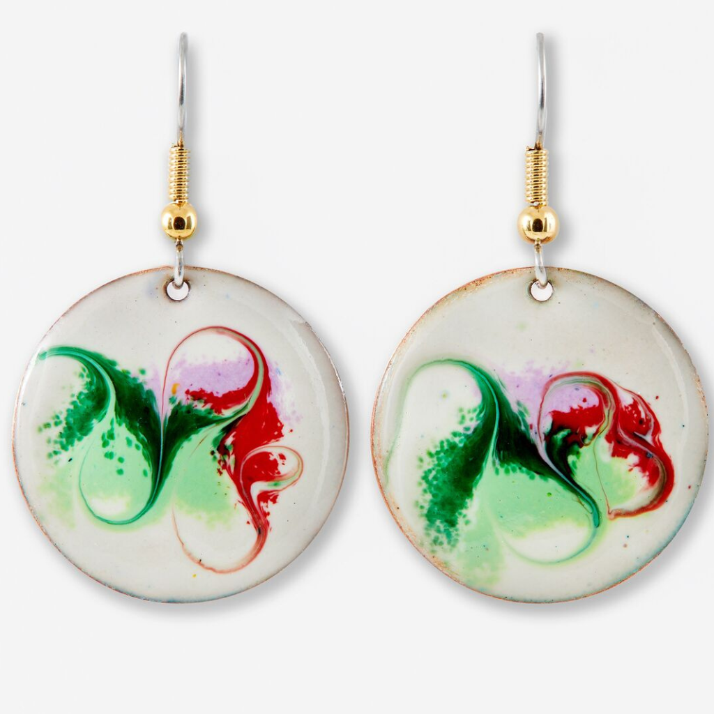 Close-up: Unique ivory enamel Geisha Girl drop earrings – handcrafted Irish jewellery