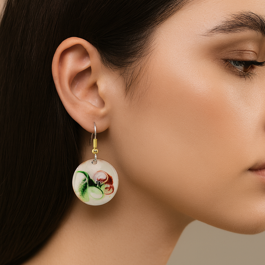 Model view (if added): Geisha Girl ivory enamel earrings worn by model – handmade in Ireland