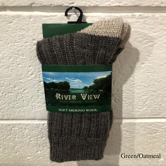 Packaged Green & Oatmeal Merino Wool Socks from Riverview Sock Company