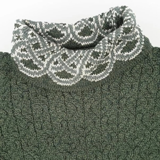Close-up of Celtic jacquard design on collar of Dark Green Irish cowl neck sweater