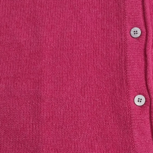 Close-up detail of Killiney Button Cardigan buttons and rose pink wool cashmere fabric