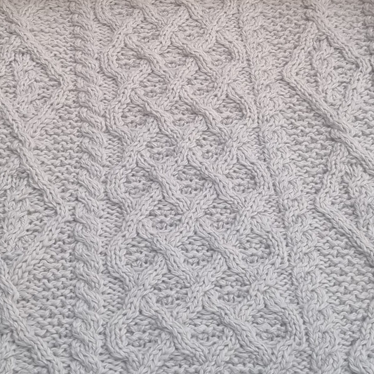 Lambay Lattice Cable Aran Sweater in Grey Marl – cable and lattice stitch detail