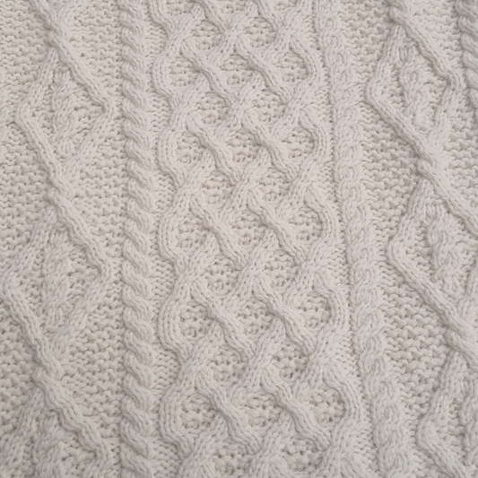 Close-up of lattice, cable and diamond stitches on Lambay Aran Sweater in Cream Merino wool