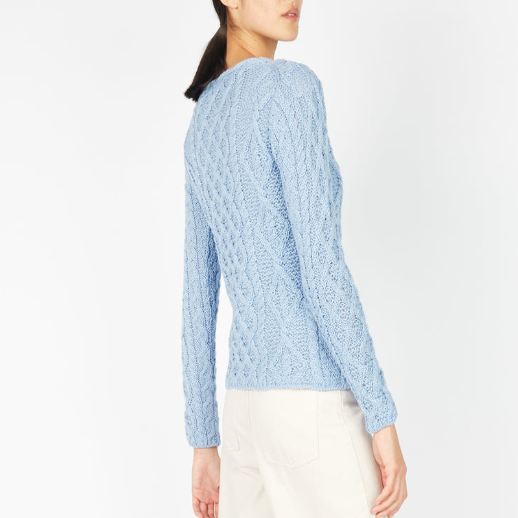 Lambay Lattice Cable Aran Sweater in Morning Sky back view – women’s Aran knit sweater