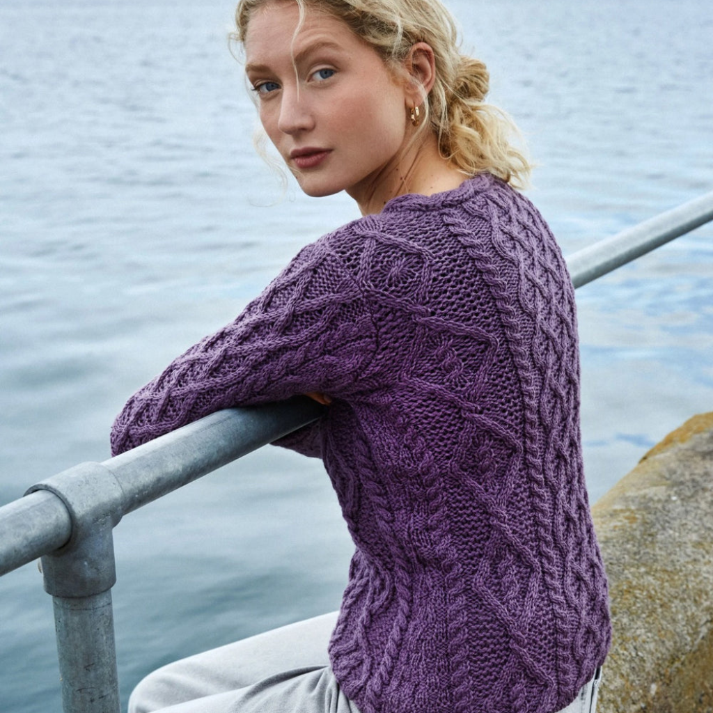 Lambay Lattice Cable Aran Sweater in Warm Lavender back view – Merino wool Aran cardigan style
