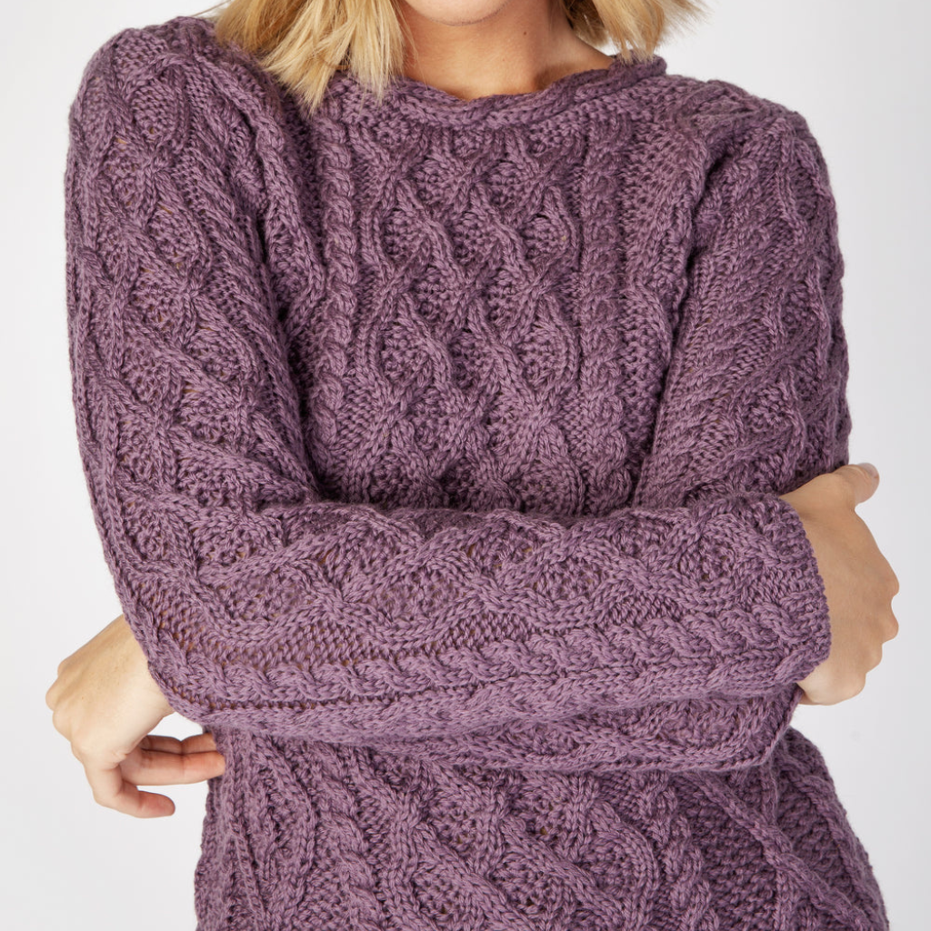 Lambay Lattice Cable Aran Sweater in Warm Lavender front view – women’s Merino wool knit