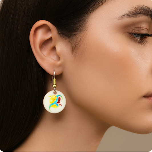 Model wearing Leia Cream Drop Earrings, lightweight handmade Irish jewellery