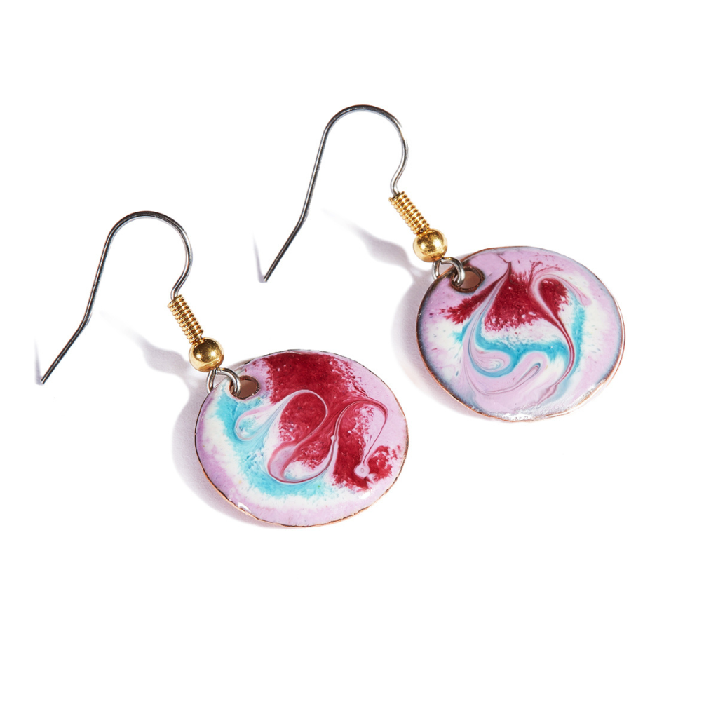 Megouna Pinky Purple Drop Earrings, front view on white background, handmade in Westmeath by Meab Enamels, available at The Donegal Shop