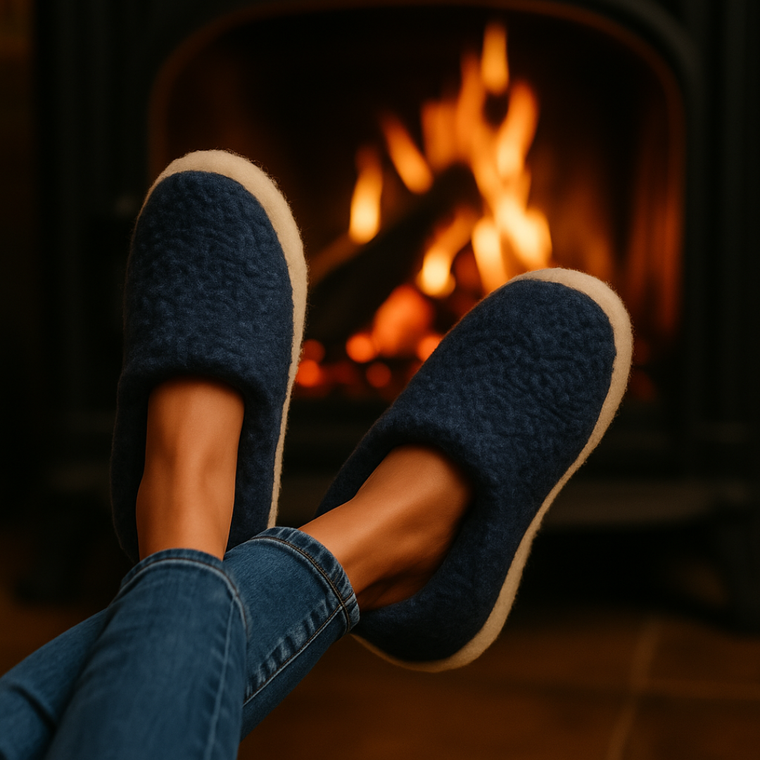 Blue wool slippers – anti-slip sole and soft merino lining for home comfort