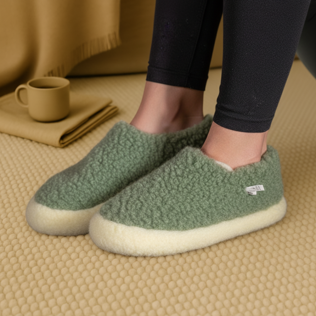 Merino wool slippers in forest green – perfect for keeping feet snug and warm all winter