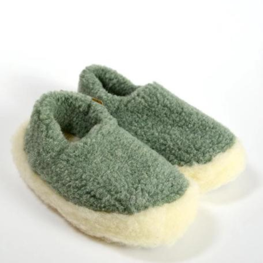 Green merino wool slippers – soft, breathable slip-ons with cream wool sole
