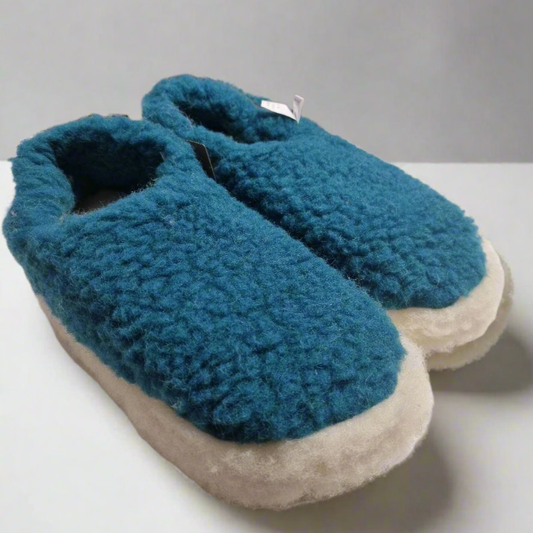 Turquoise merino wool slippers – soft wool slip-ons with cream anti-slip sole