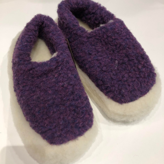 Violet merino wool slippers – soft wool slip-ons with cream anti-slip sole